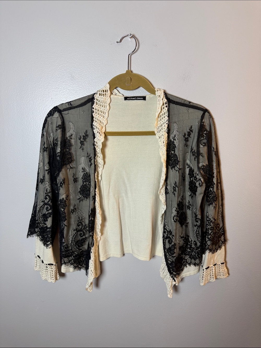 Michael Simon Cream Cardigan with Black Lace Overlay Size S/M